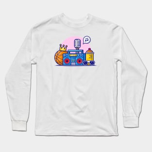 Hip Hop Music with Basketball, Boombox, Glasses, Crown and Microphone Cartoon Vector Icon Illustration Long Sleeve T-Shirt